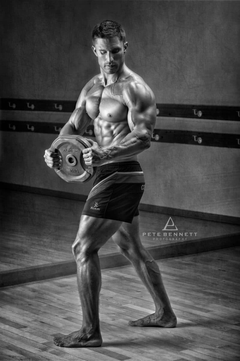 Dean Burchell fitness photo shoot black and white image
